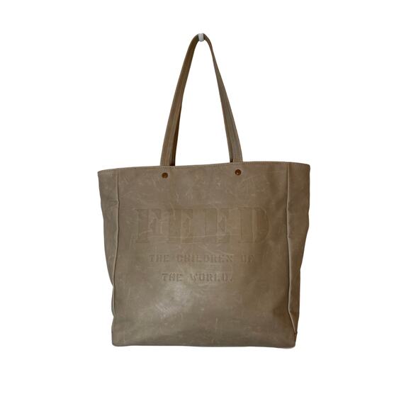Feed The Children Of The World Leather Tote Bag Embossed Almond Shoulder Bag Tan - Picture 3 of 16